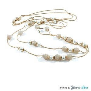 C1946 Double Strand Layered Faux Pearl Beaded Gold Tone Necklace